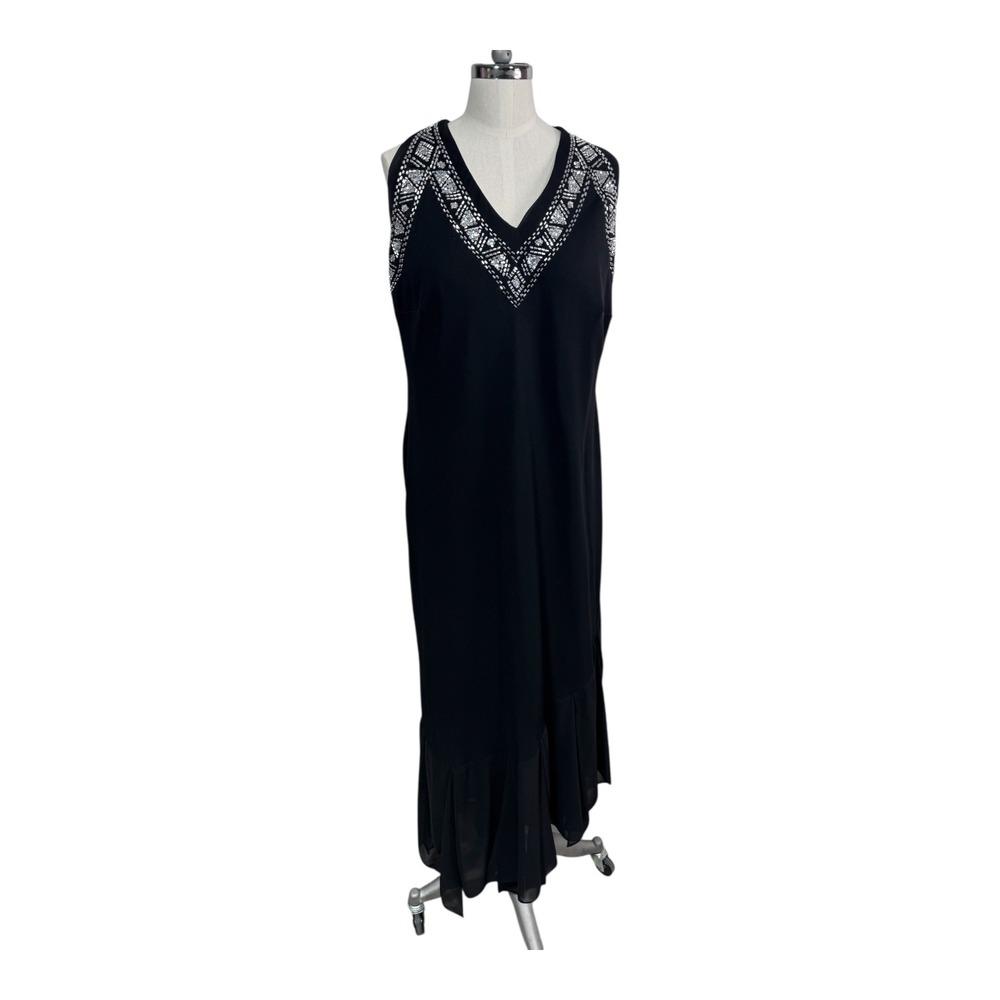 Black Beaded V‎ Neck Evening Gown Formal Sleeveless Petite Short Hem Women's
